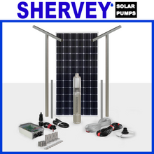 Load image into Gallery viewer, One solar panel lined behind a MK 2 Solar bore pump surrounded by all solar accessories that come with the bundle
