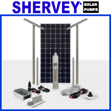 One solar panel lined behind a MK 2 Solar bore pump surrounded by all solar accessories that come with the bundle
